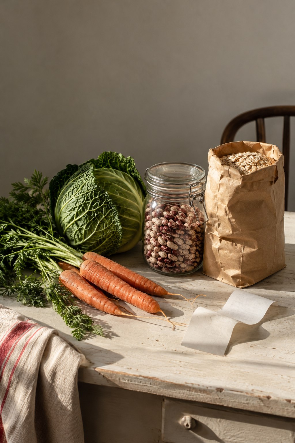 Everyday vegetables, beans and oats arranged on an ivory table.