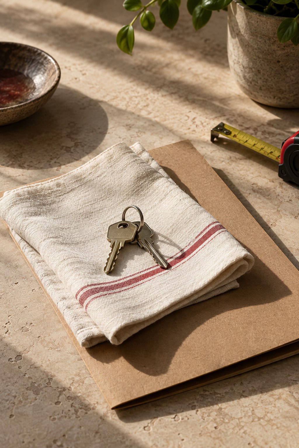 Ordinary house keys, a folder and measuring tape.