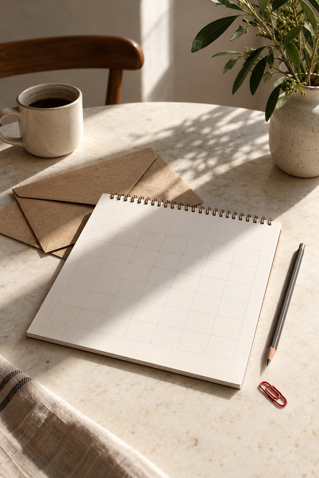 A paper calendar, envelopes and pencil in morning light.
